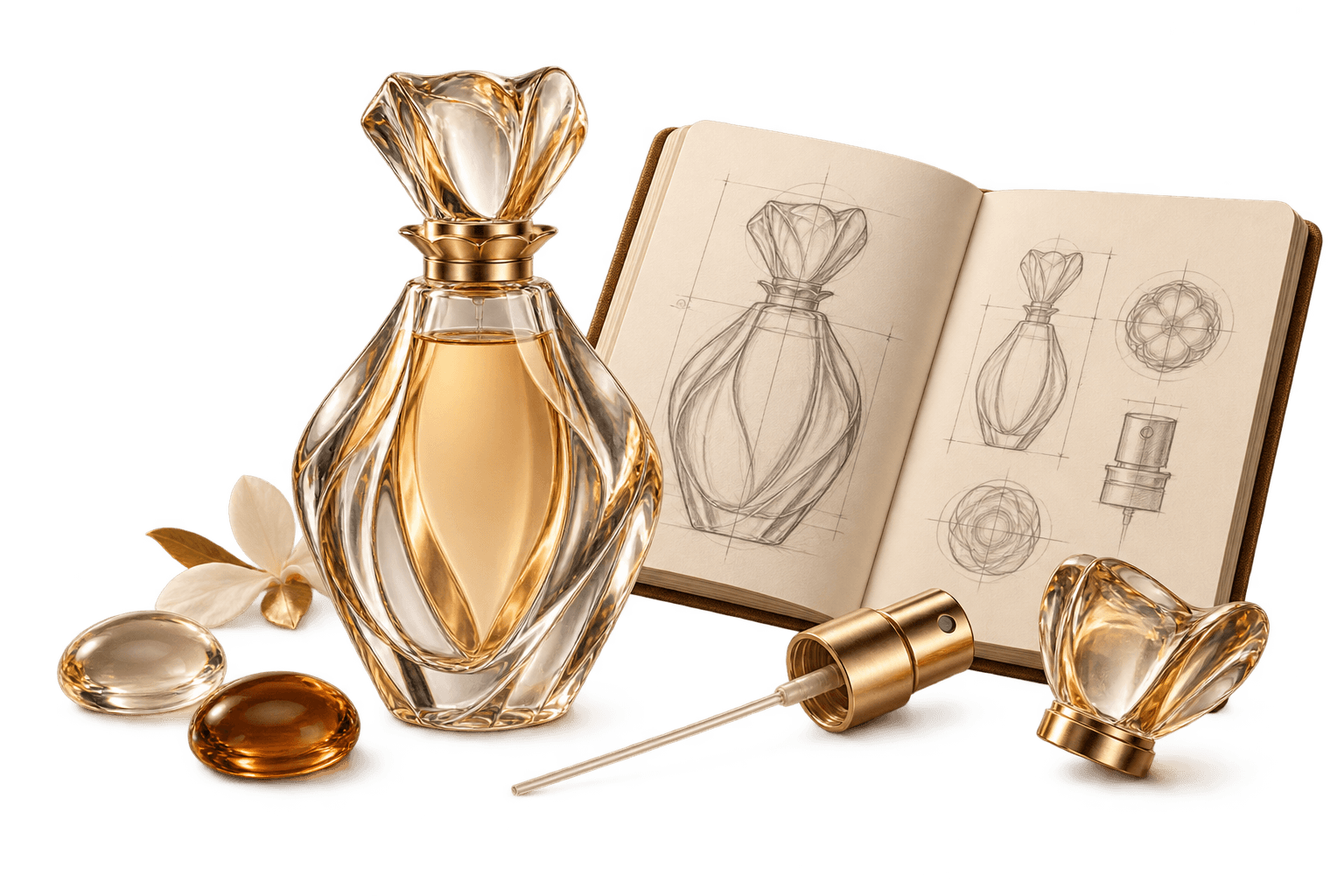 Sculpted perfume bottle with a design sketchbook, spray pump, cap and material samples