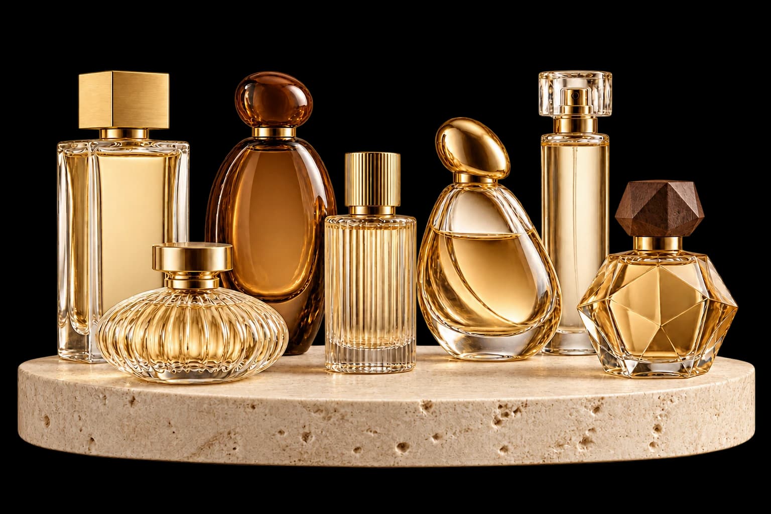 Sculptural, ribbed, faceted and classic perfume bottles with distinctive caps on a warm travertine display plinth