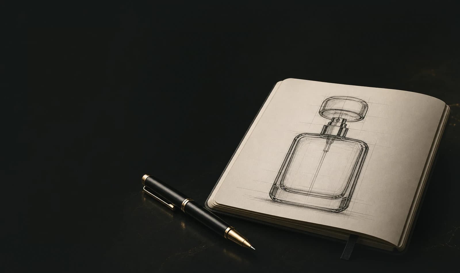 رسم يدوي لعبوة عطر على دفتر مع قلم