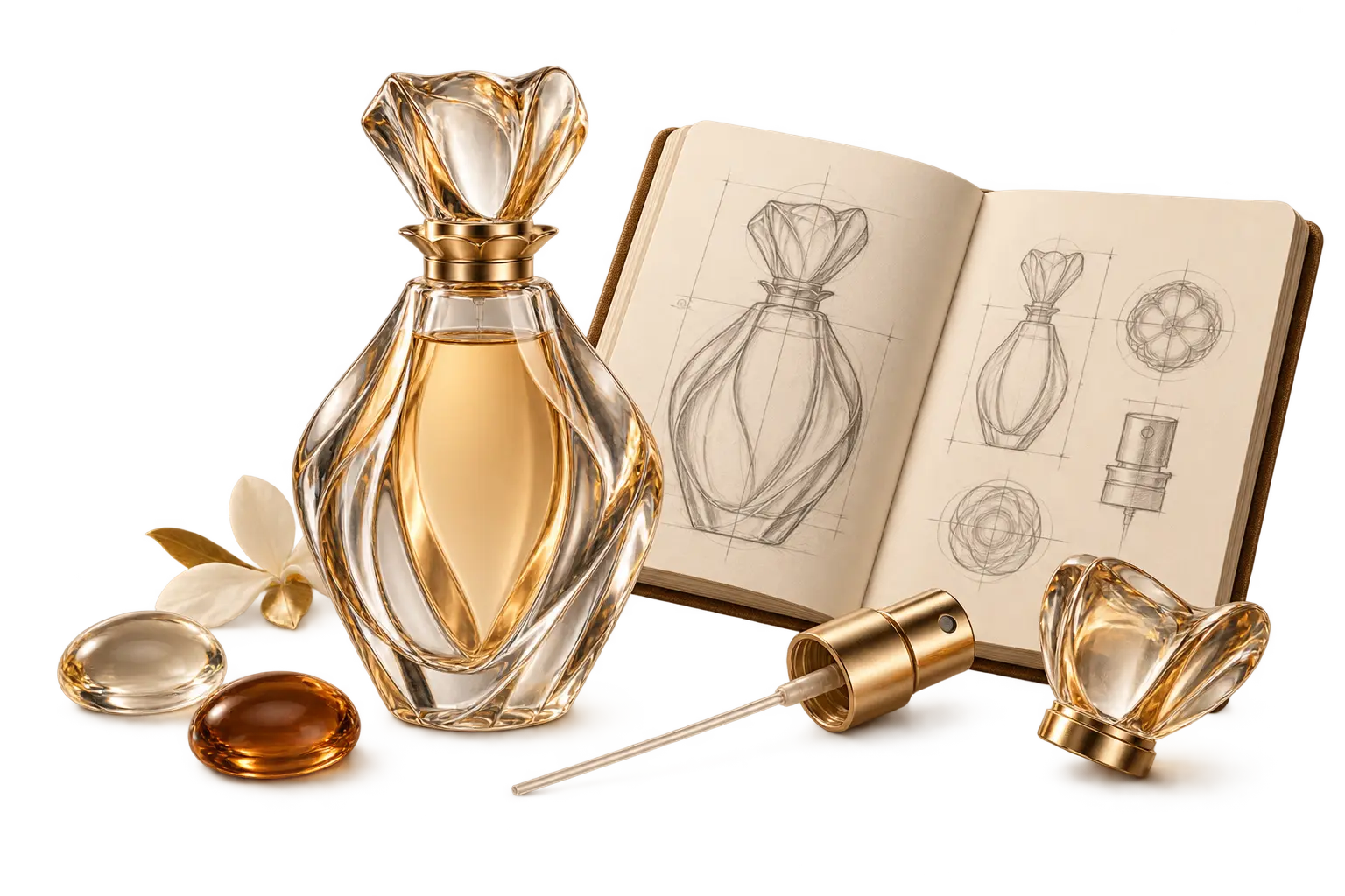 Flacon de parfum sculpté accompagné d’un carnet de croquis, d’une pompe, d’un capot et d’échantillons de matières
