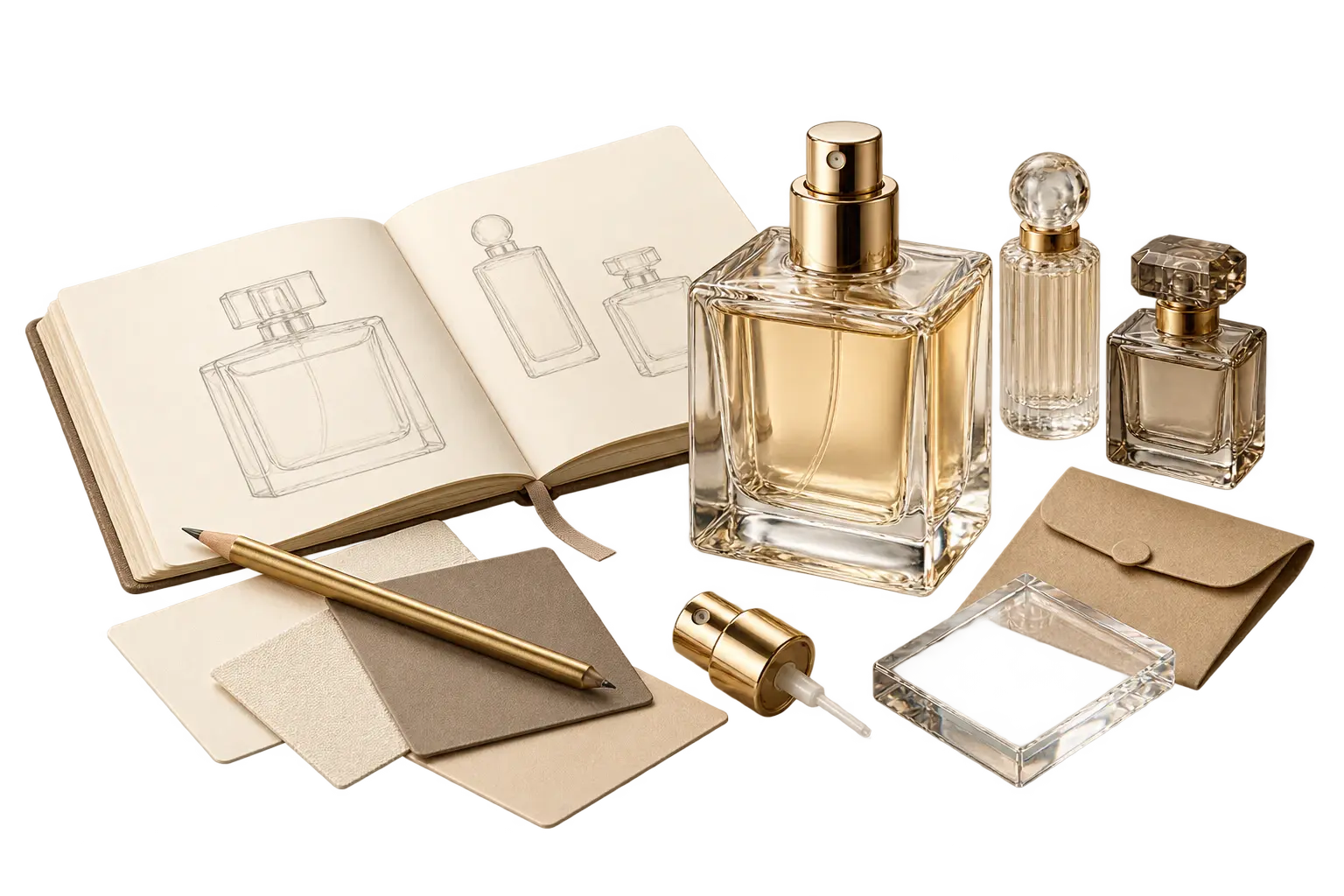Flacons de parfum, carnet de croquis, pompe vaporisatrice et échantillons de matériaux