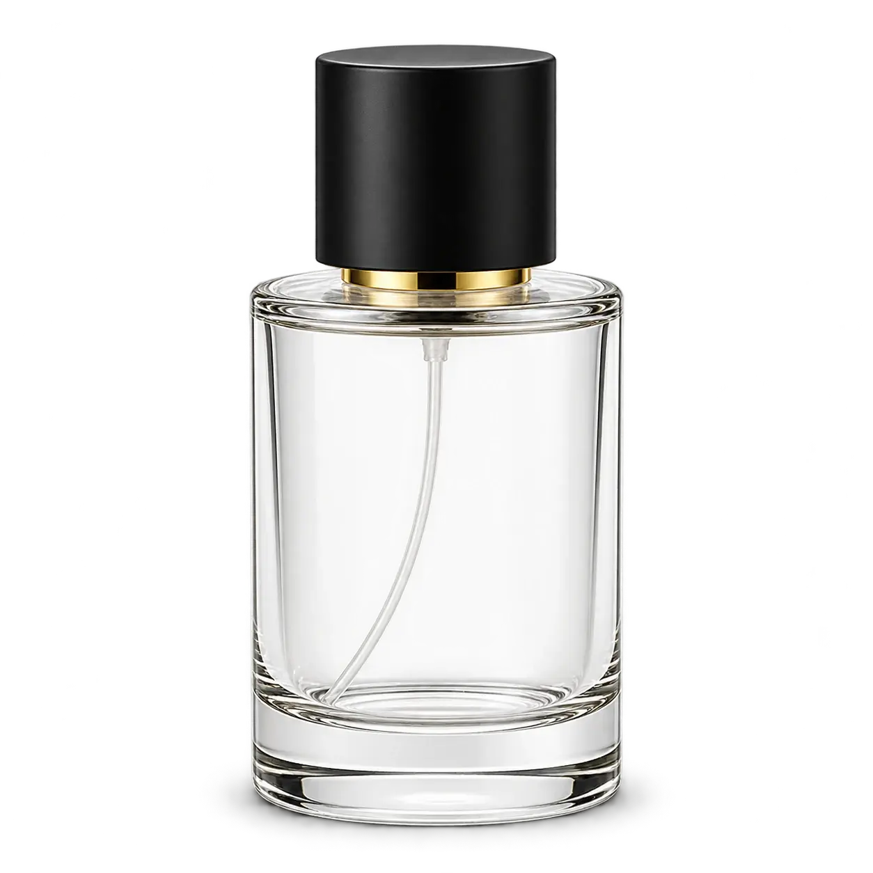 Atomizador cilíndrico minimalista para perfume — Frasco cilíndrico transparente con tapa negra.
