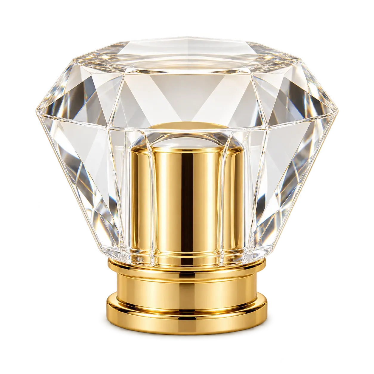 Tampa facetada transparente para perfume com base em tom dourado