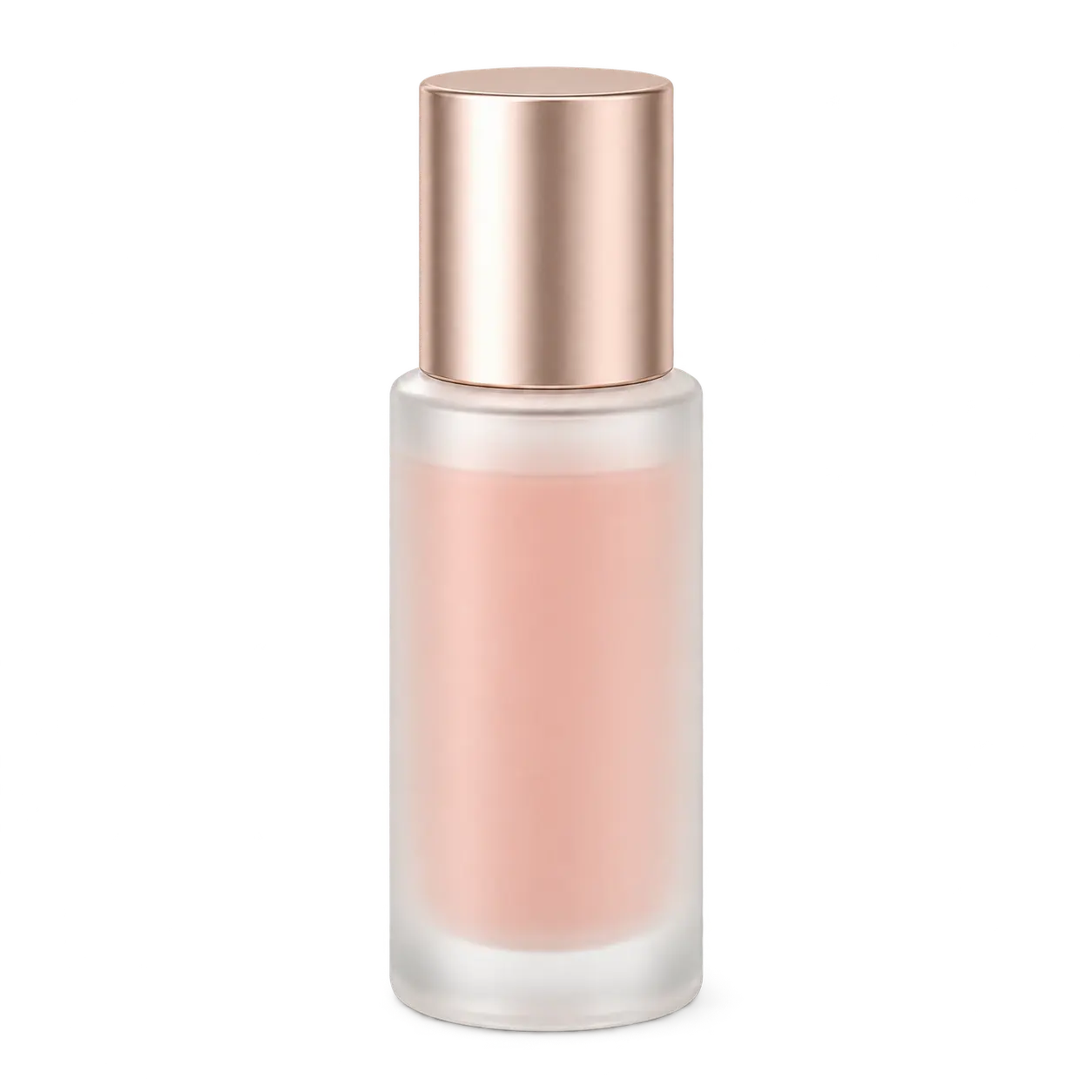 Flacone cilindrico satinato dall’aspetto rosa tenue con tappo color oro rosa