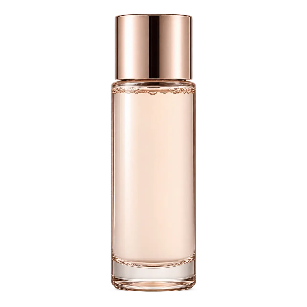 Frasco slim para essência — Frasco cilíndrico estreito e transparente com tampa em tom dourado rosé