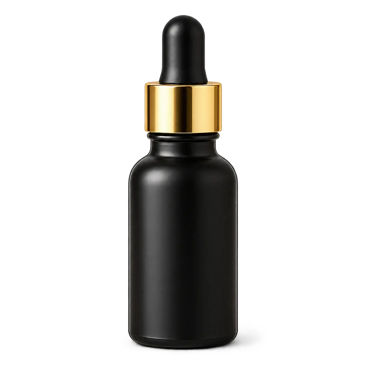Frasco cuentagotas negro — Frasco cilíndrico negro con pera cuentagotas negra y collarín dorado.