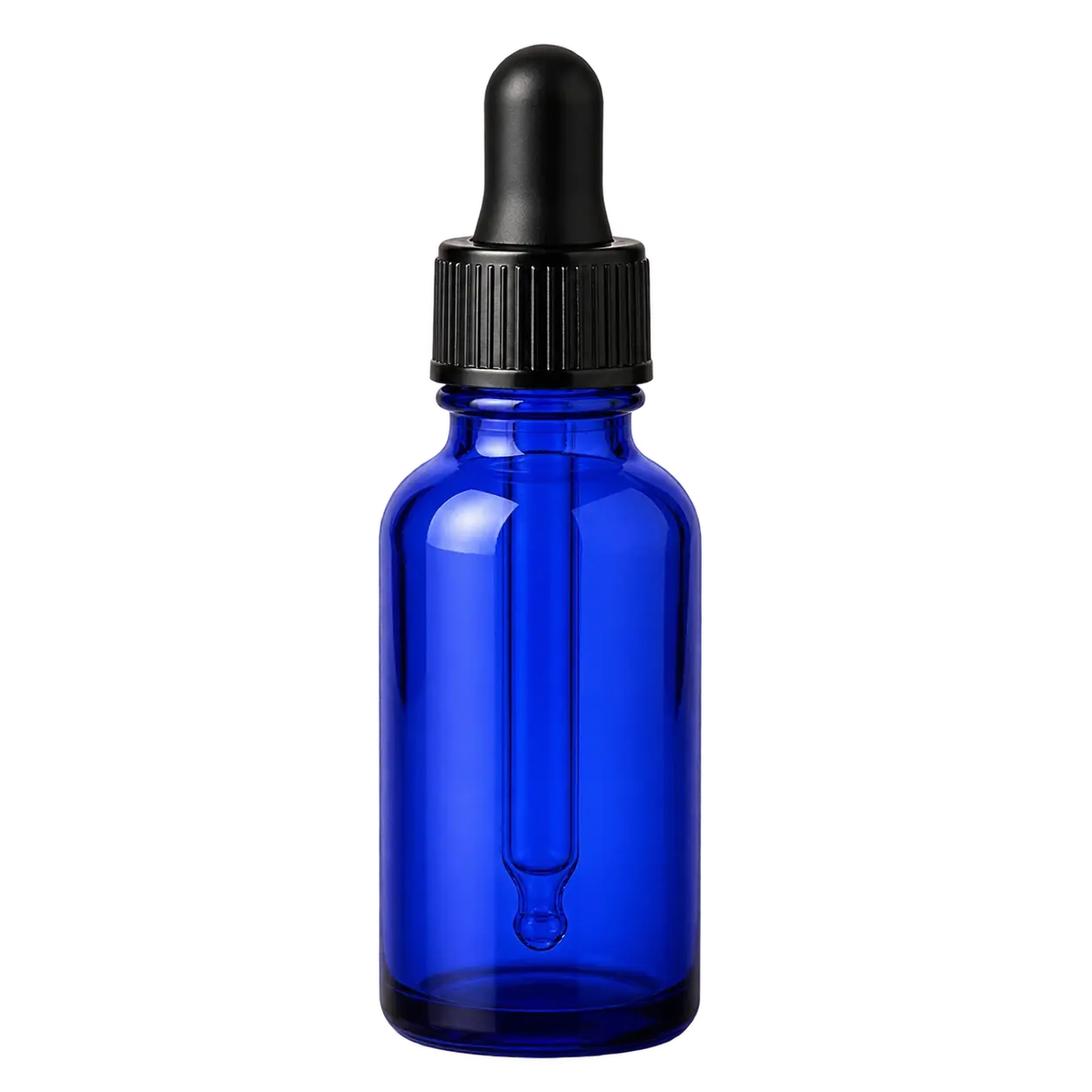 Flacone per olio color blu cobalto — Flacone cilindrico per contagocce blu cobalto con bulbo e ghiera neri