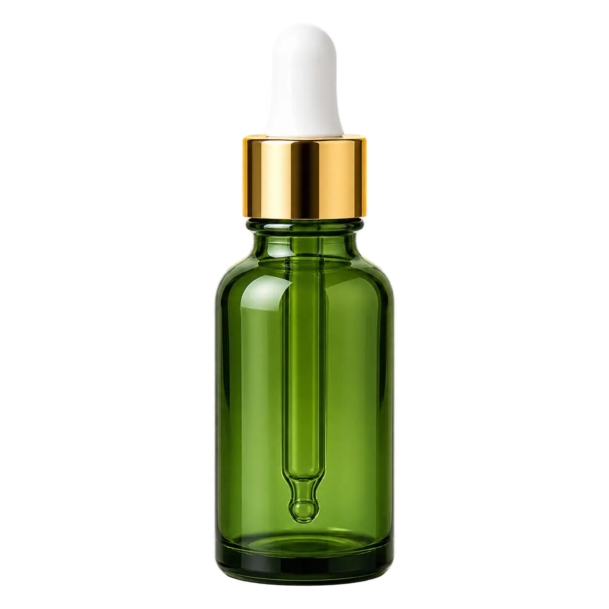 Frasco verde de estilo boticario — Frasco cilíndrico verde con pera cuentagotas blanca y collarín dorado.