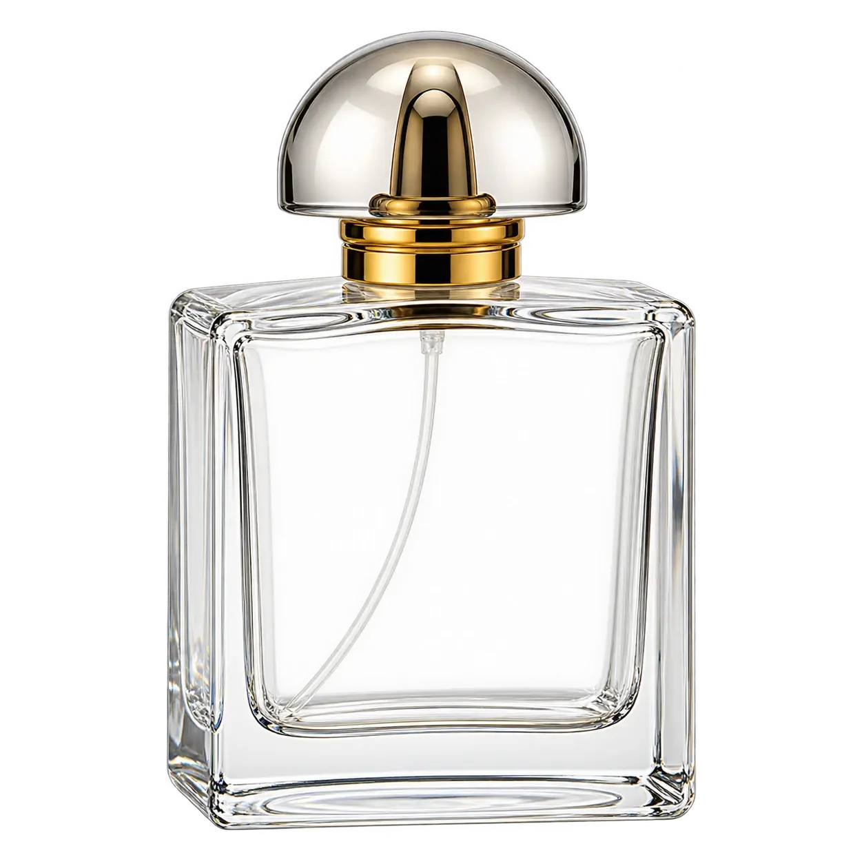 Clear block reference perfume bottle with a transparent domed cap and gold collar