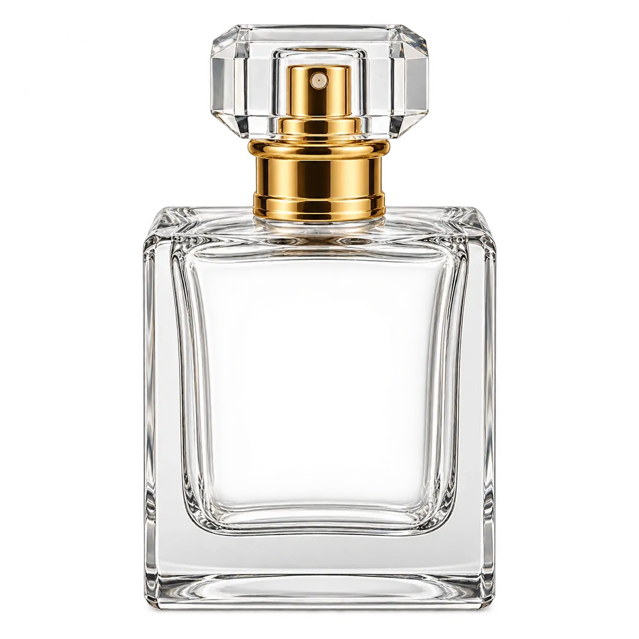 Clear square reference perfume bottle with a transparent rectangular cap and gold collar