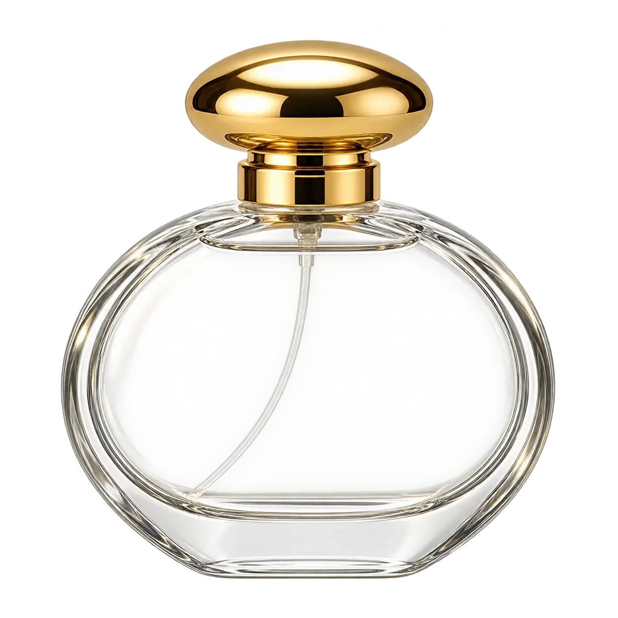 Clear wide oval reference perfume bottle with a gold domed cap