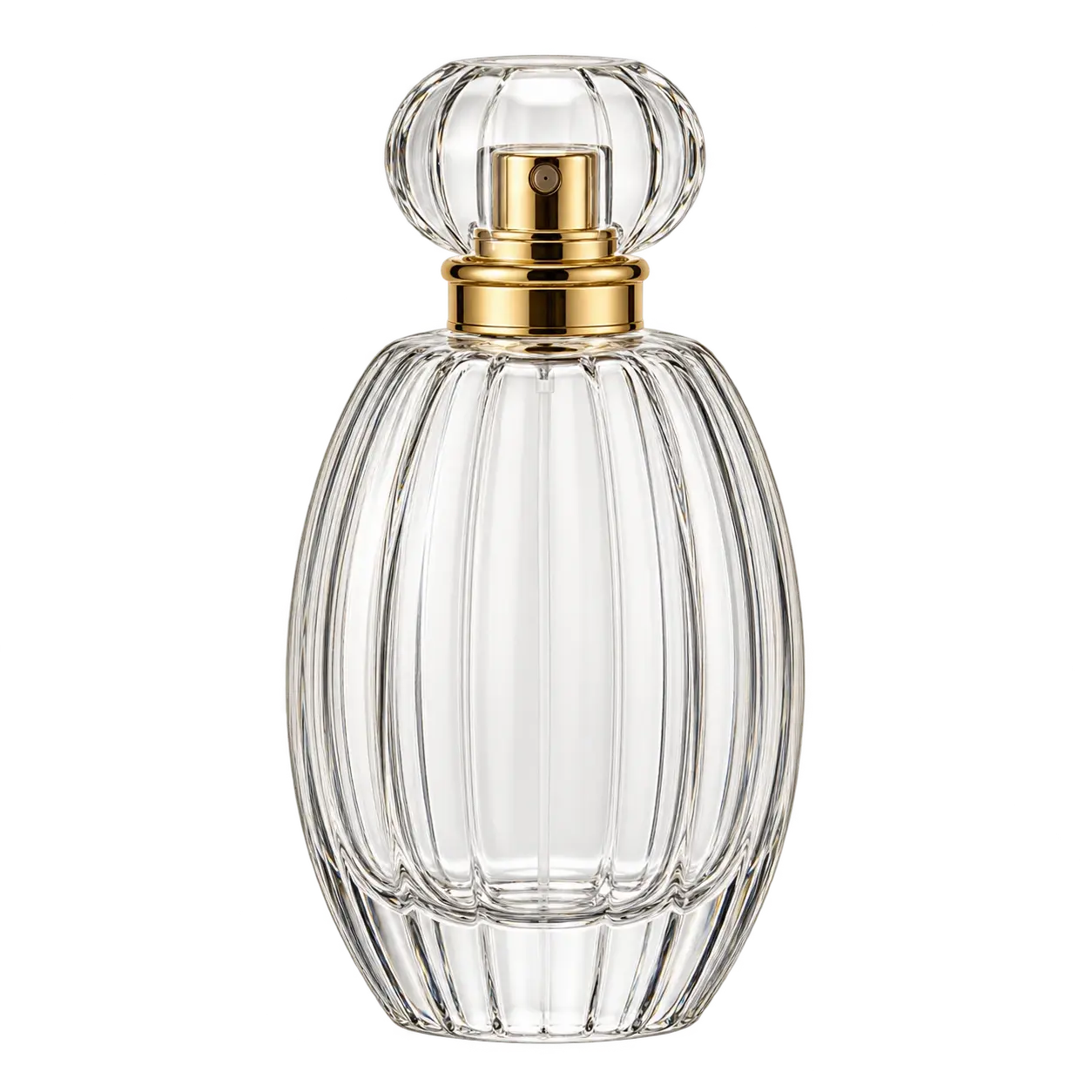 Clear fluted oval perfume bottle with a rounded ribbed cap, the silhouette reference for Nacre 03