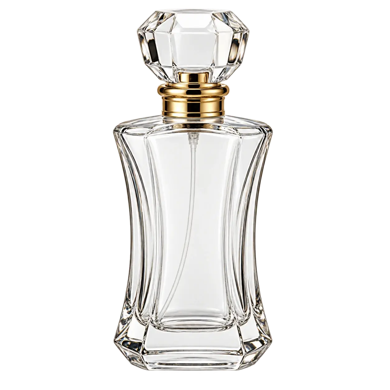 Clear hourglass reference perfume bottle with a faceted transparent cap
