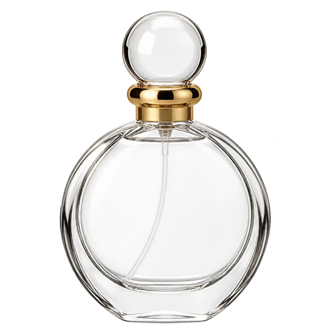 Clear round perfume reference bottle with a transparent circular cap and gold collar