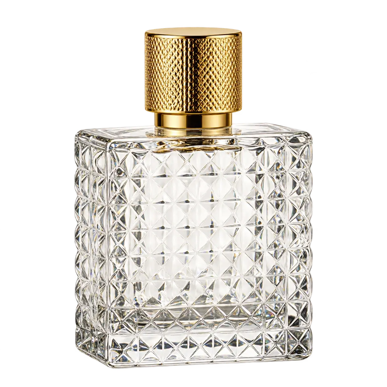 Clear diamond-textured rectangular reference perfume bottle with a knurled gold cap