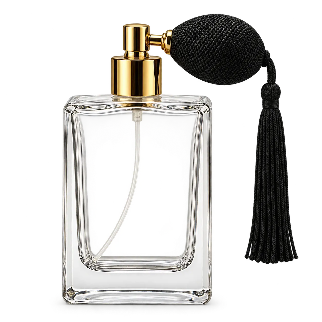 Clear rectangular reference perfume bottle with a gold atomizer and black textile squeeze bulb and tassel