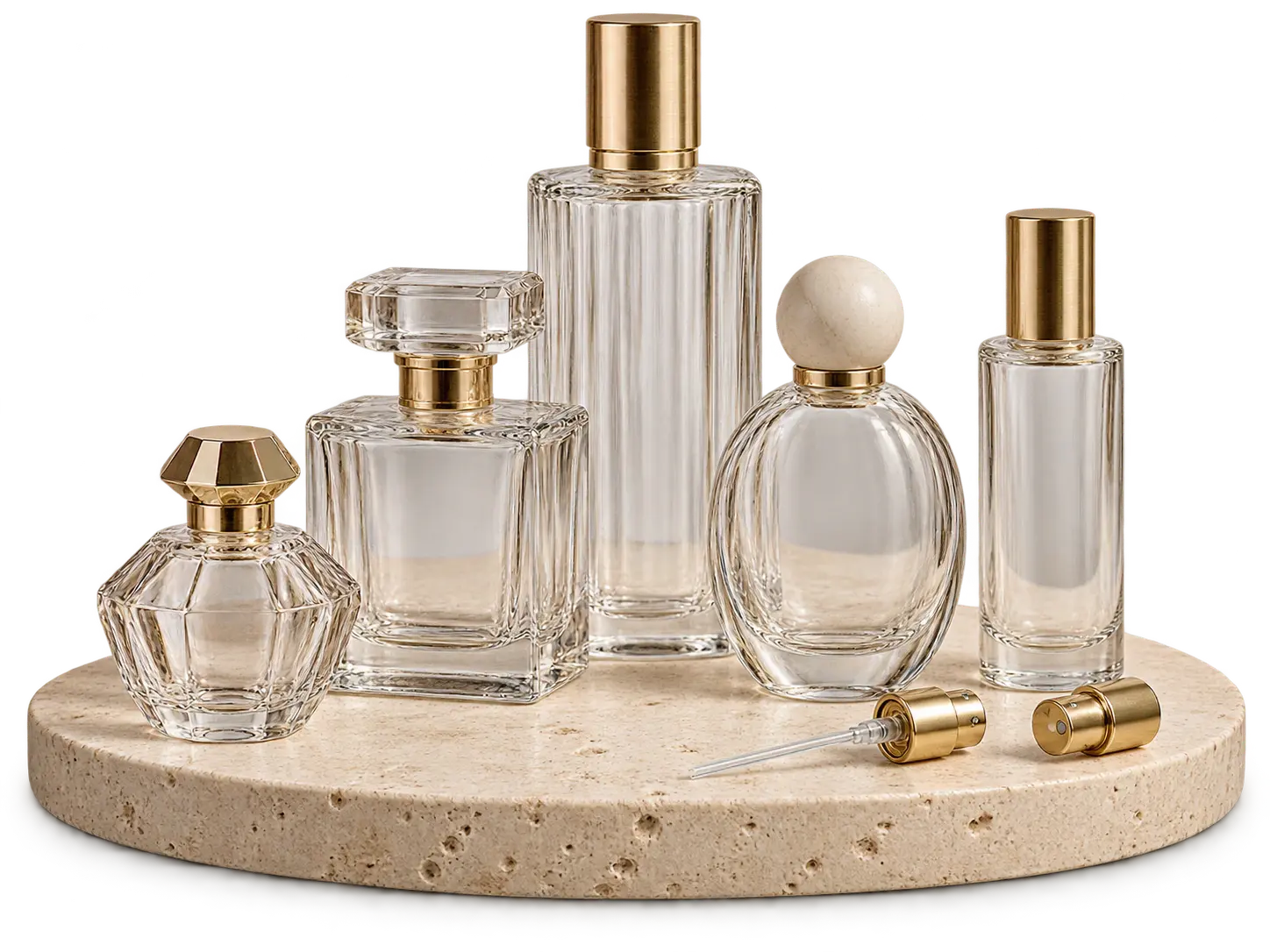 Five clear bottles in varied shapes with gold-colored details and two separate spray components on a pale stone display base