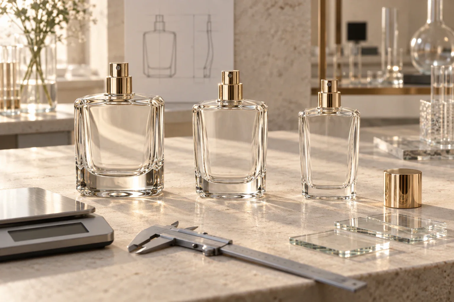 Three clear perfume bottle prototypes with different glass weights, calipers and a precision scale