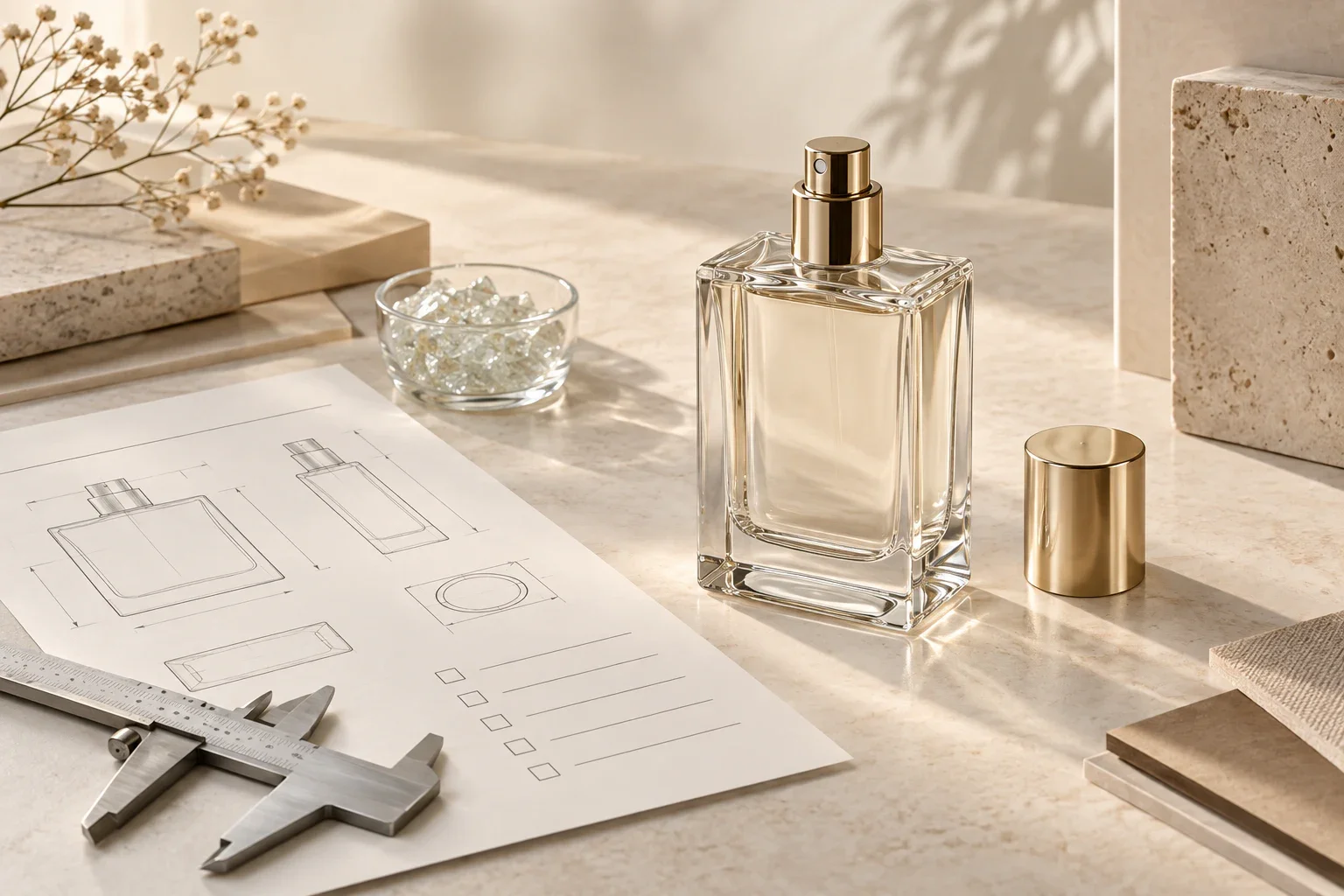 Perfume bottle, calipers, glass cullet and packaging specification sheet in a regulation readiness review