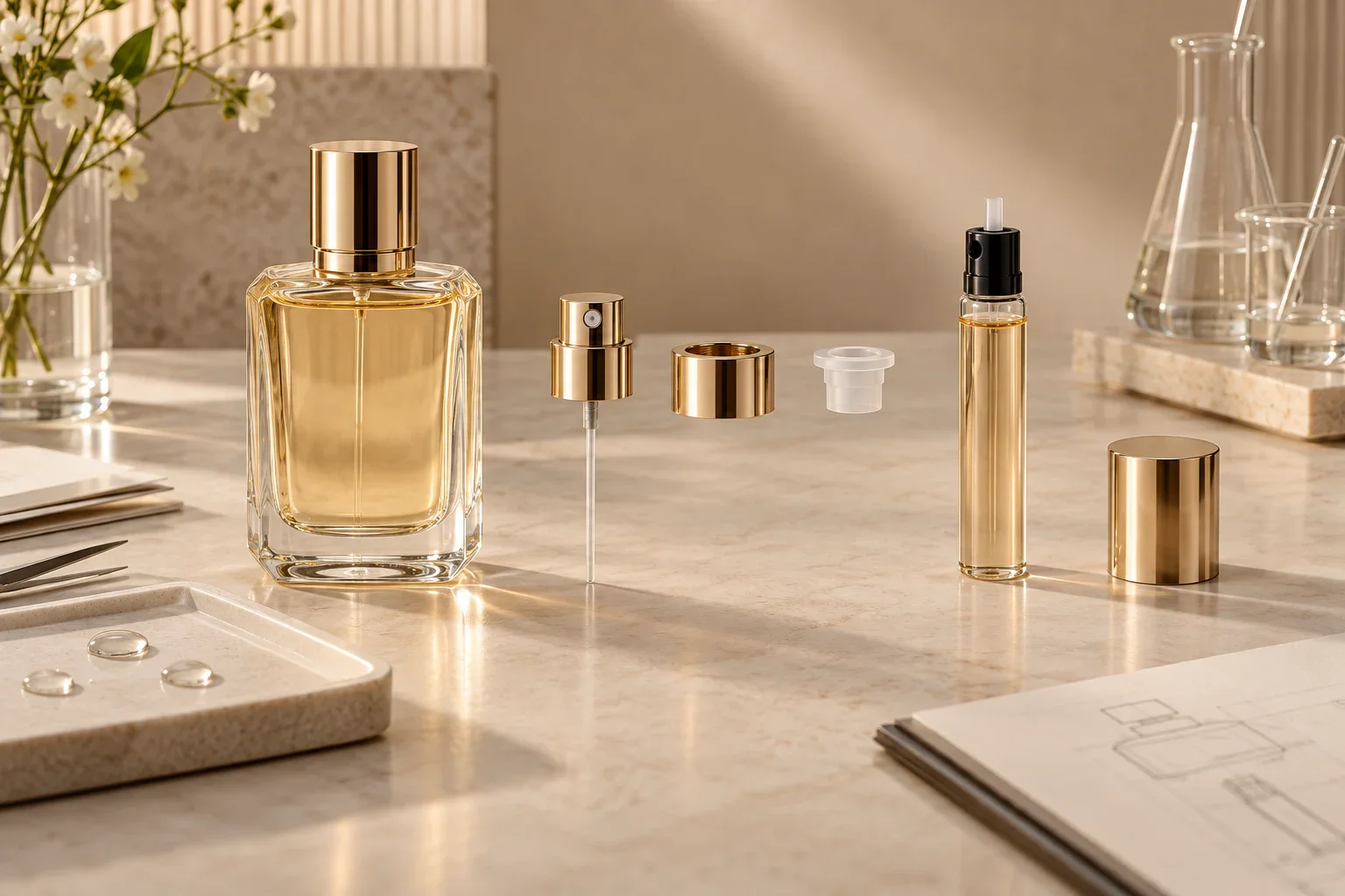 Refillable perfume bottle, refill cartridge, pump, collar and gasket arranged for system validation