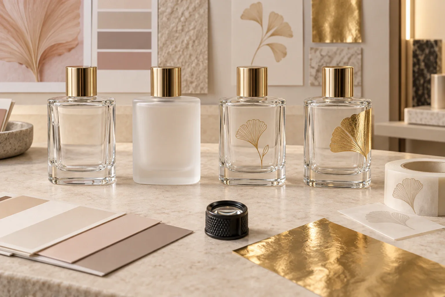 Quatre étapes de décoration de flacons de parfum, avec nuancier, loupe et feuille de dorure