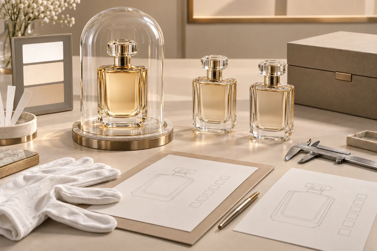 Flacon de parfum de référence sous une cloche en verre, accompagné d’échantillons de production et de documents de contrôle