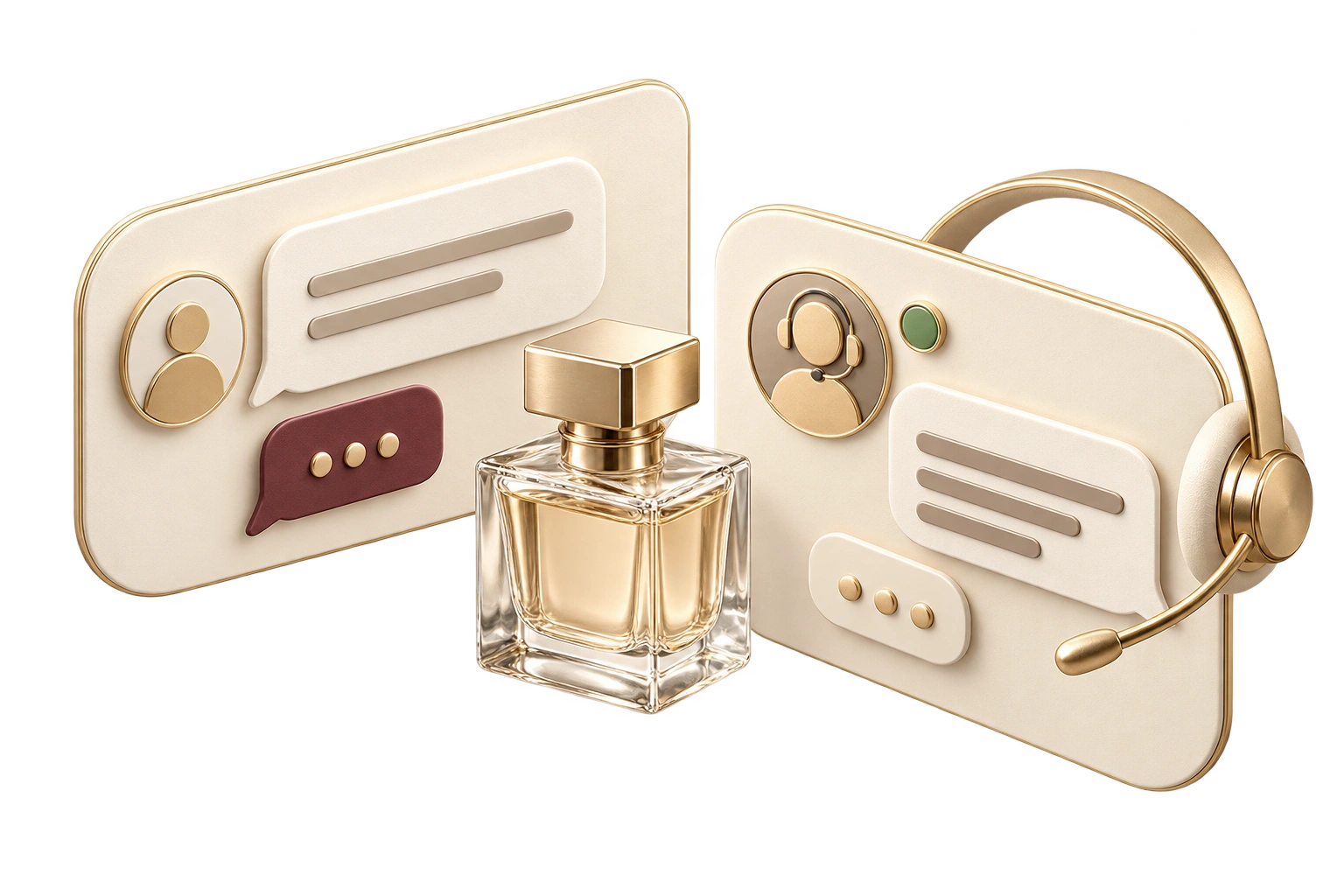 Illustration d’un espace de discussion avec des messages et un flacon de parfum