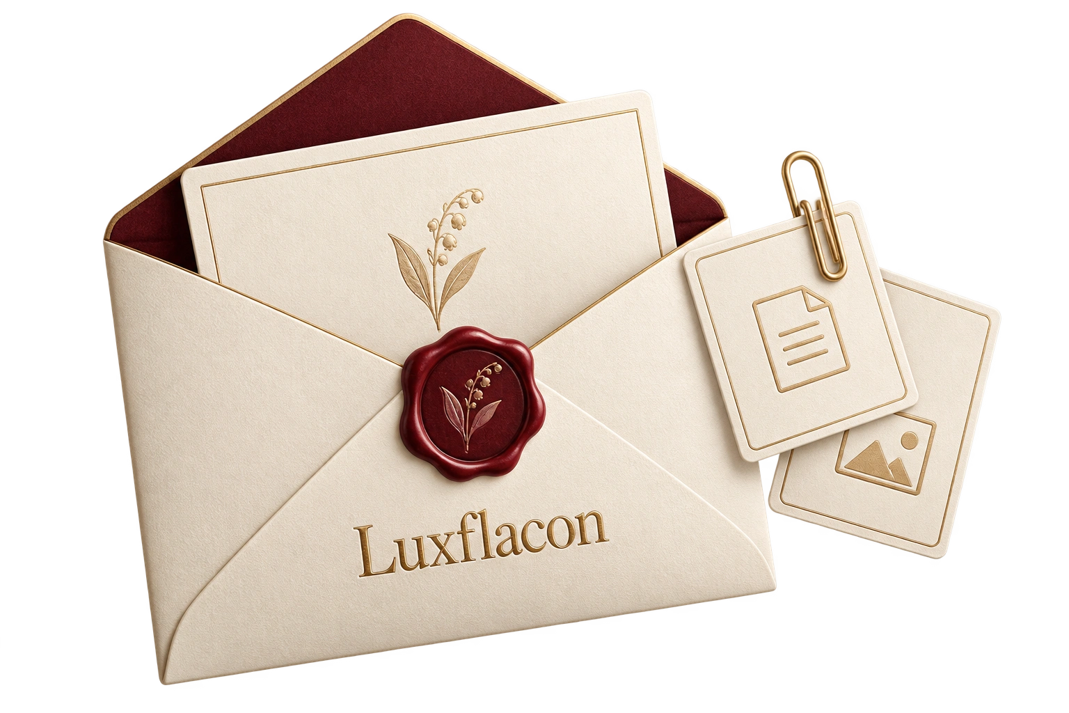 Enveloppe professionnelle accompagnée de documents et de visuels