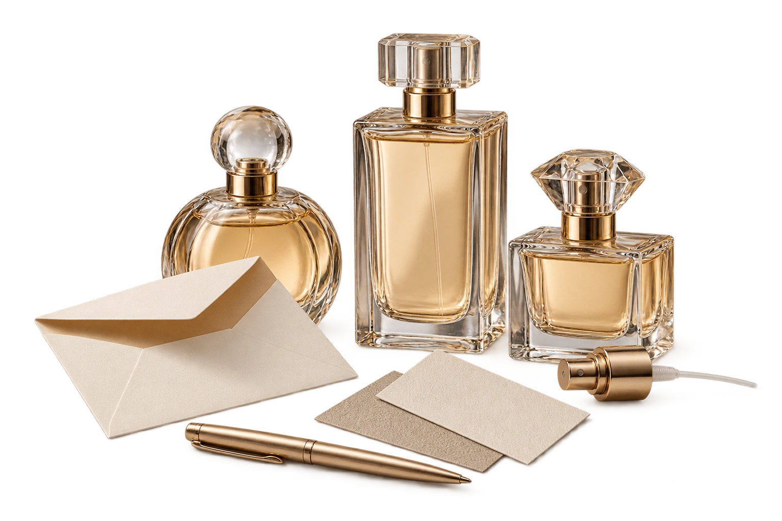 Flacons de parfum, enveloppe, échantillons de matières, pompe de vaporisation et stylo doré