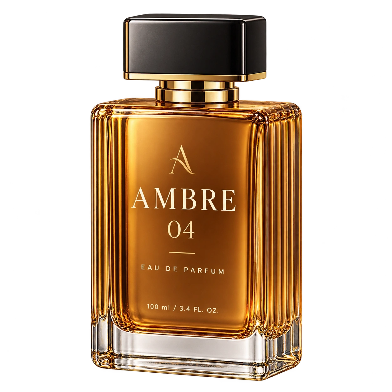 Ambre 04 amber rectangular perfume bottle with fluted sides, a black rectangular cap, A monogram, AMBRE 04, EAU DE PARFUM and 100 ml / 3.4 FL. OZ. on its smooth front