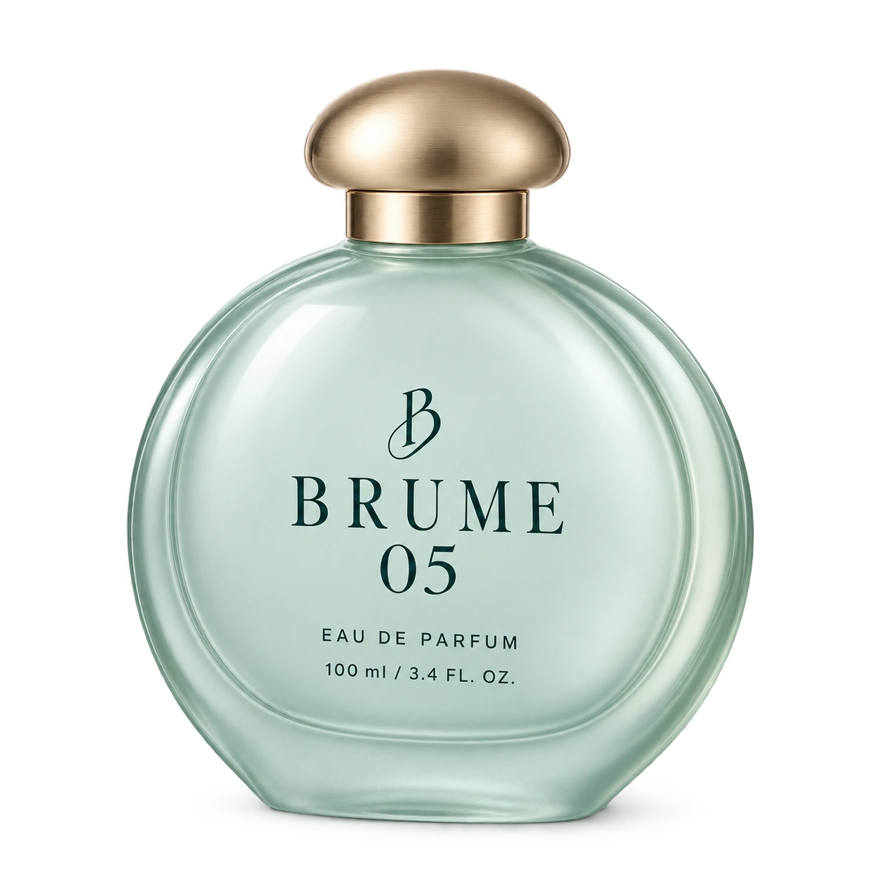 Brume 05 round celadon satin perfume bottle with a domed champagne cap, B monogram, BRUME 05, EAU DE PARFUM and 100 ml / 3.4 FL. OZ.