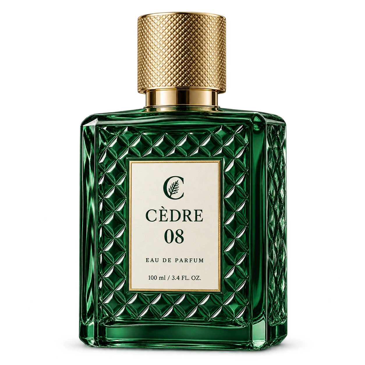 Cèdre 08 forest-green rectangular perfume bottle with diamond relief, an ivory C monogram label and a knurled gold cap