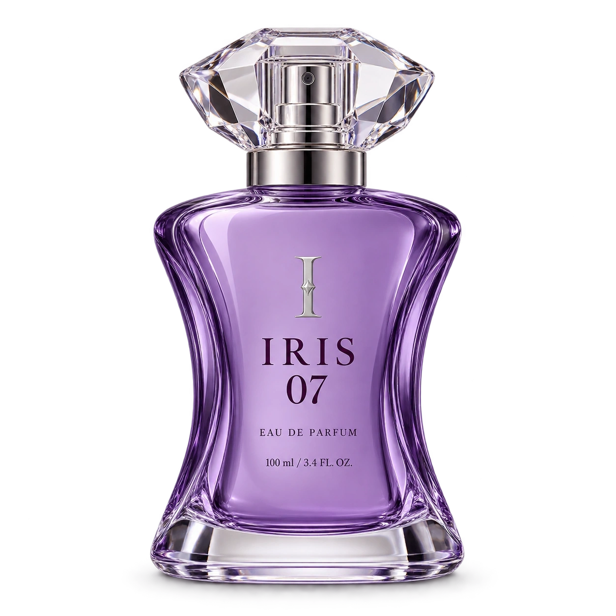 Iris 07 violet hourglass perfume bottle with a clear faceted cap, silver collar and I monogram, dark-plum lettering and clear heel