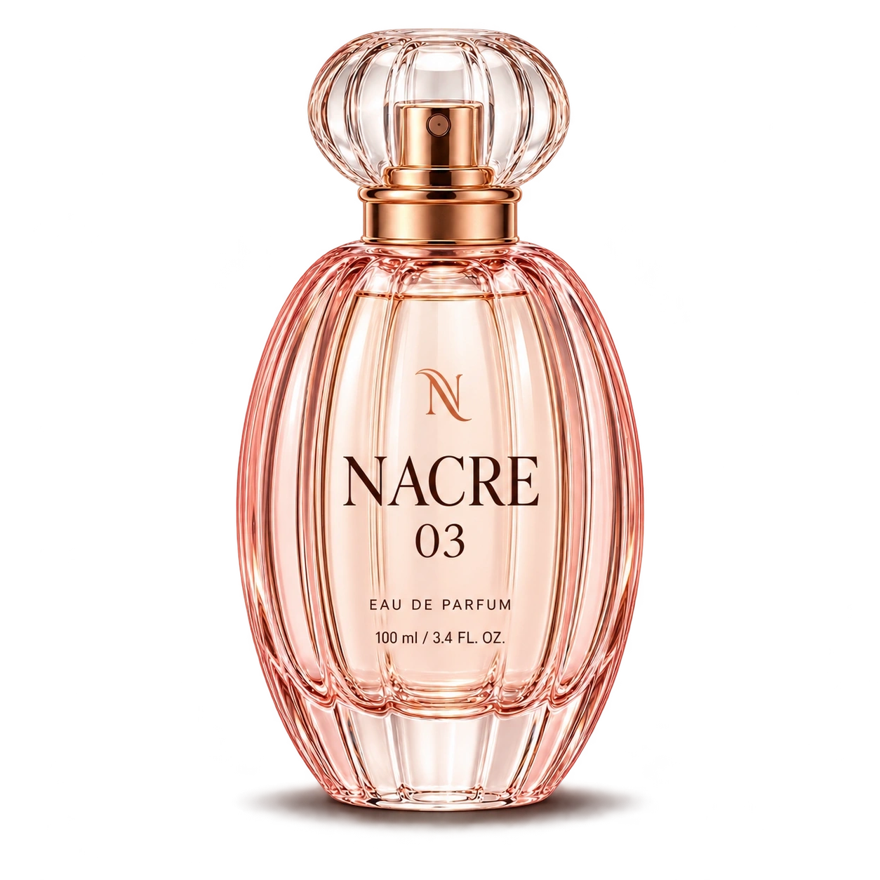 Nacre 03 blush fluted oval perfume bottle with an N monogram, NACRE 03 wordmark, EAU DE PARFUM and 100 ml / 3.4 FL. OZ. printed on the front