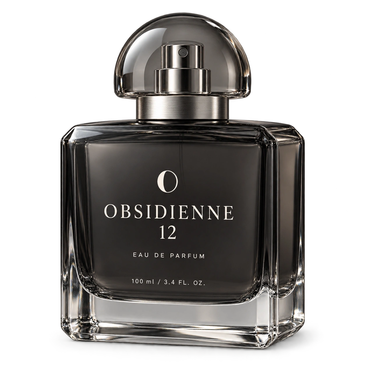 Obsidienne 12 charcoal block perfume bottle with a thick clear heel, transparent smoky dome, silver collar and white O monogram and lettering