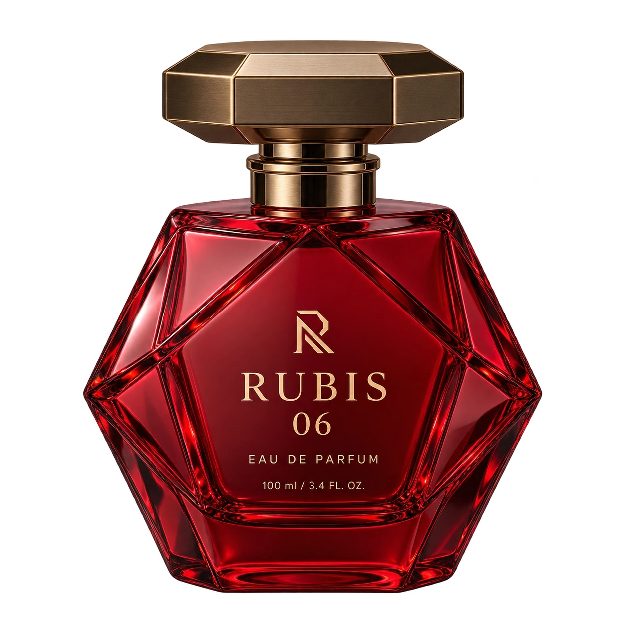 Rubis 06 garnet-red faceted perfume bottle with a bronze polygonal cap, R monogram, RUBIS 06, EAU DE PARFUM and 100 ml / 3.4 FL. OZ.
