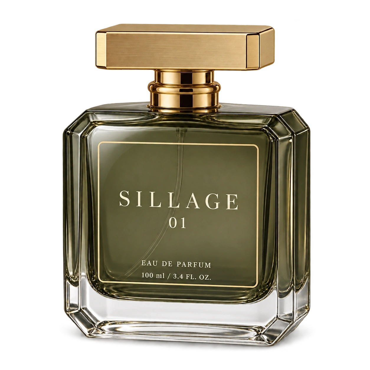 Sillage 01 rectangular perfume bottle with translucent olive lacquer, ivory lettering, a champagne gold foil frame and a satin gold cap