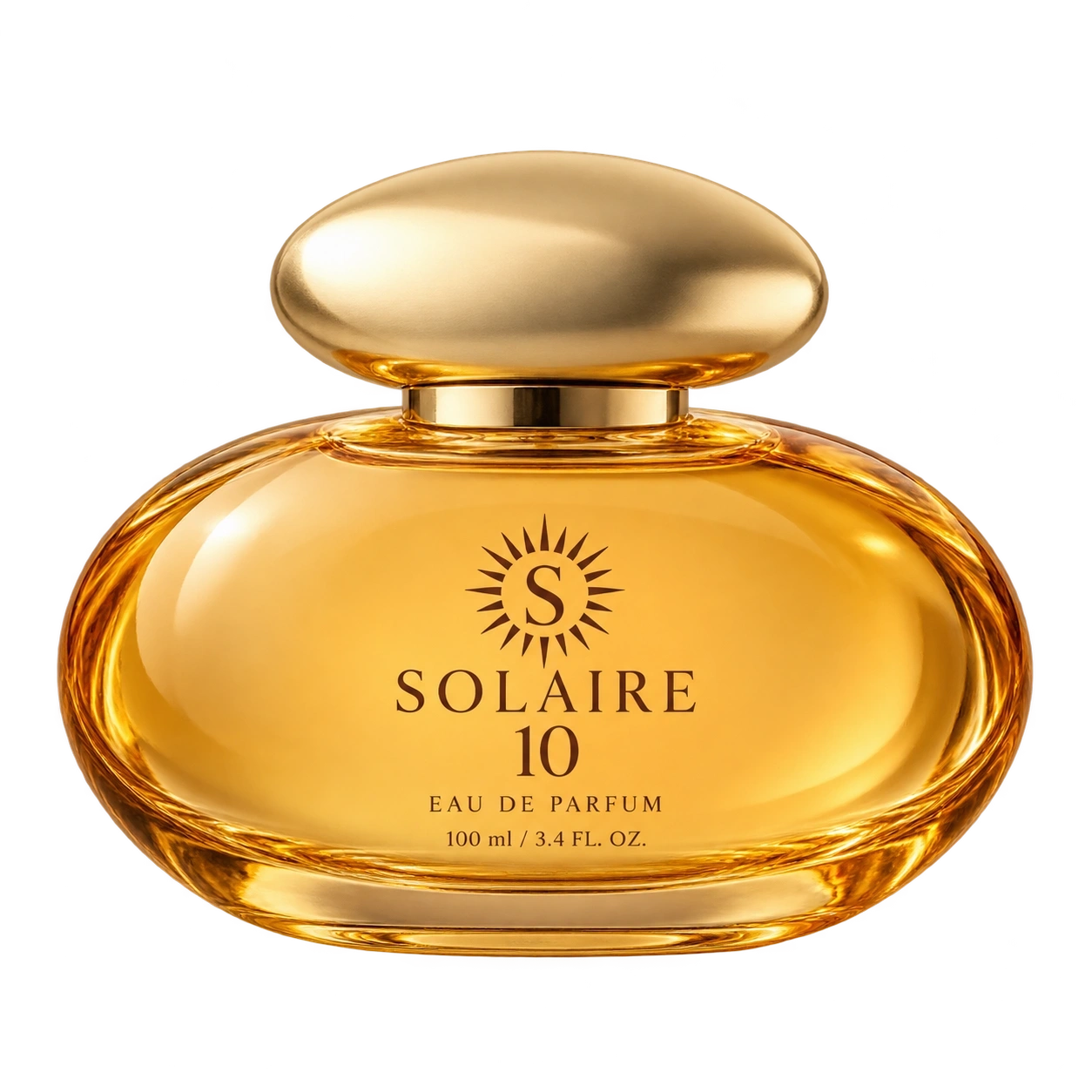 Solaire 10 honey-coloured oval perfume bottle with a pale-gold domed cap and cocoa-brown S monogram and text