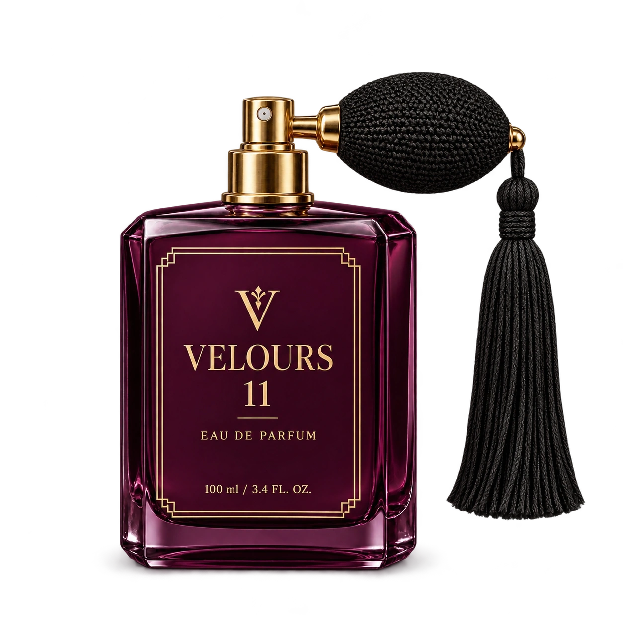 Velours 11 deep-plum rectangular perfume bottle with gold V and Art Deco frame, antique-gold atomizer and black squeeze bulb with tassel