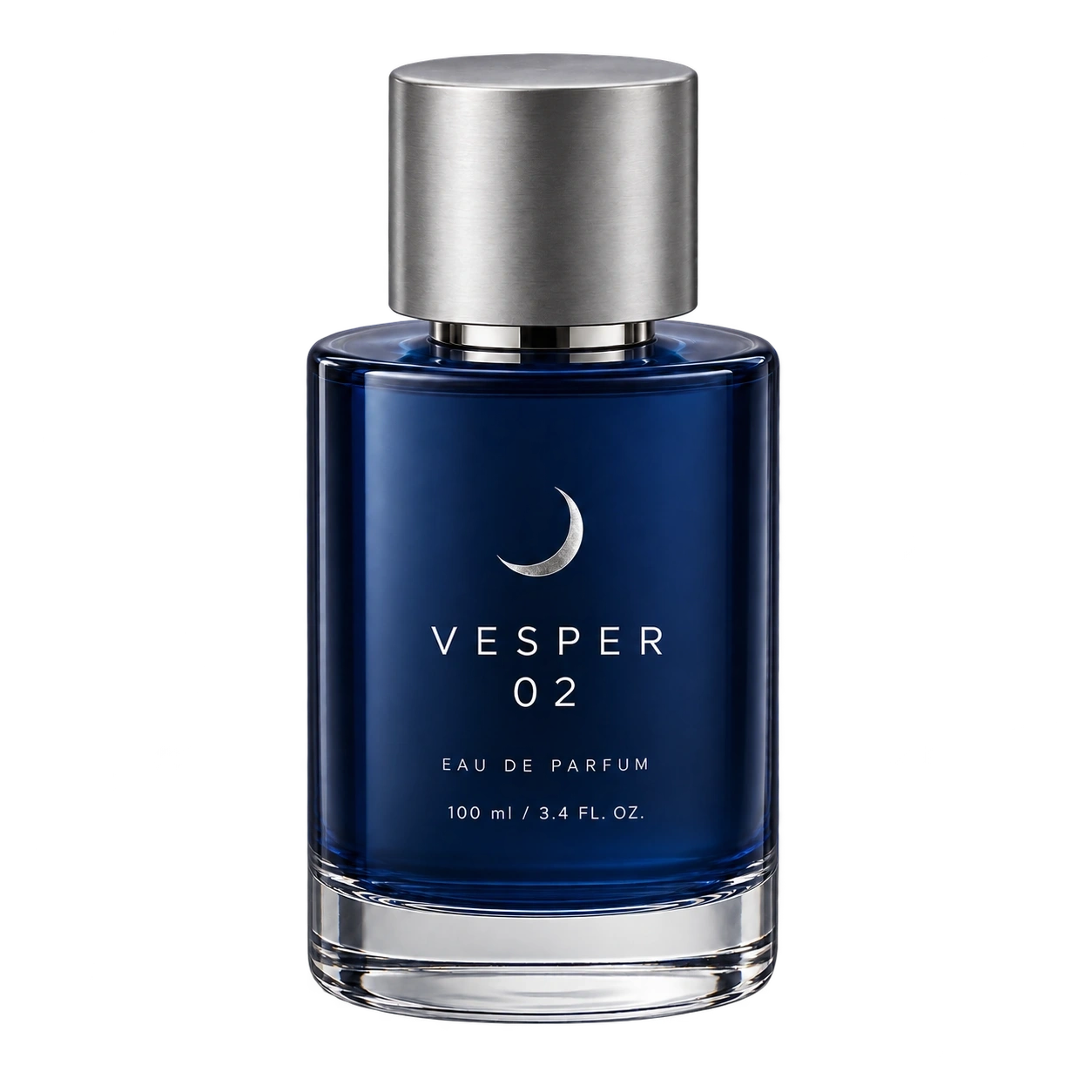 Vesper 02 cylindrical perfume bottle with midnight blue satin lacquer, cool-white screen printing, a silver crescent and brushed silver cap