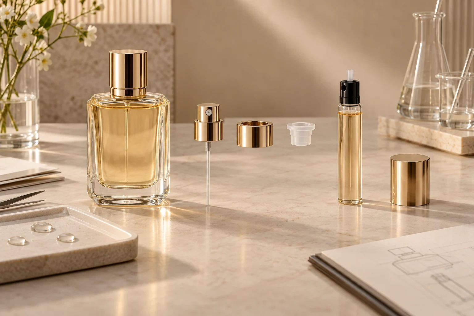 Refillable perfume bottle, refill cartridge, pump, collar and gasket arranged for system validation