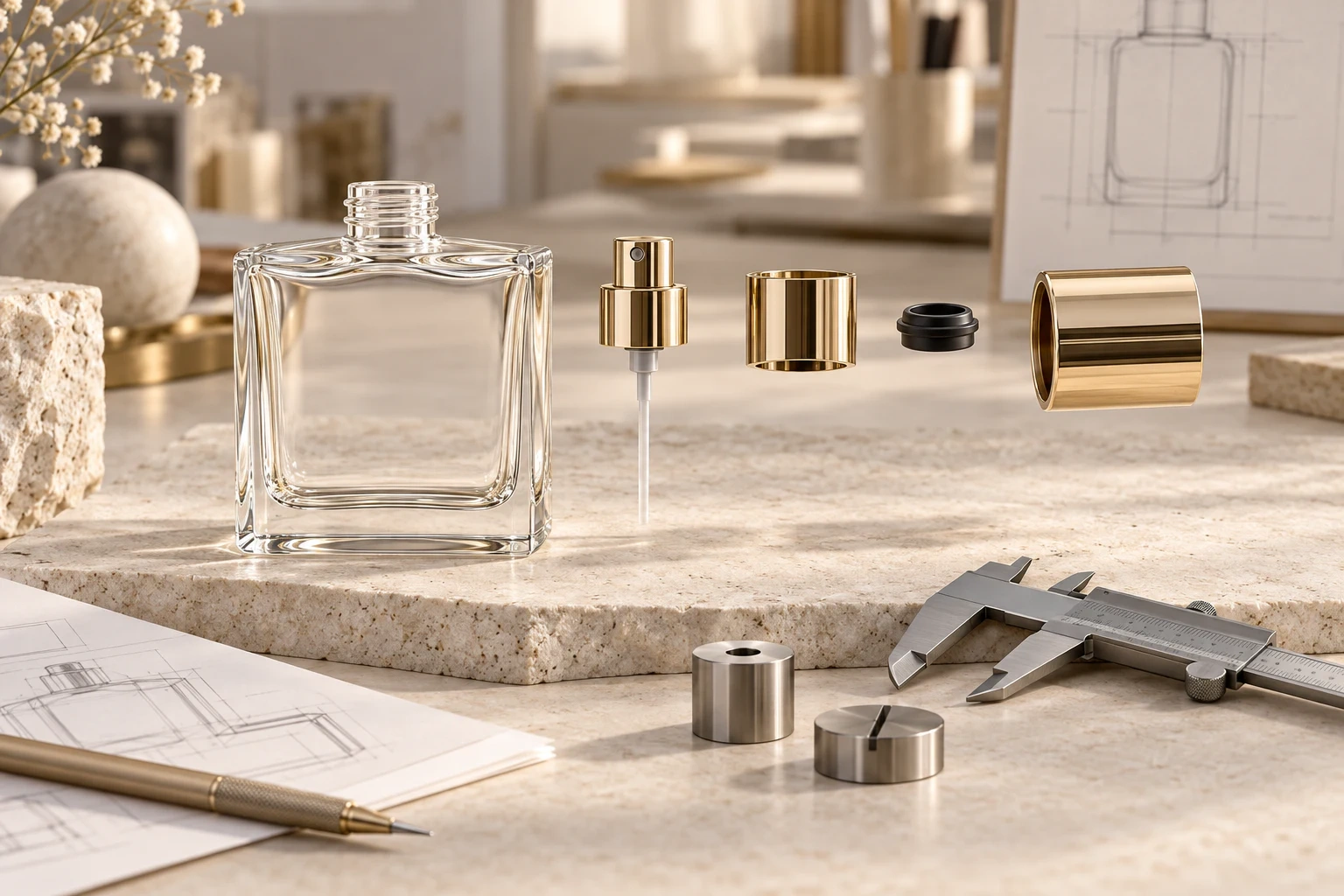 Perfume bottle, pump, collar, gasket and cap separated for closure tolerance analysis